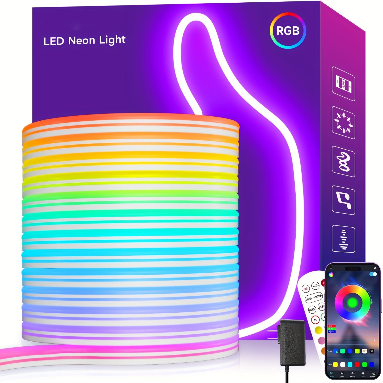 TEMU Led Neon Rope Lights, 16.4ft Rgb Led Rope Lights, App-remote Control, Music Sync Color Changing Rope Light, Waterproof Gaming Led Neon Strip