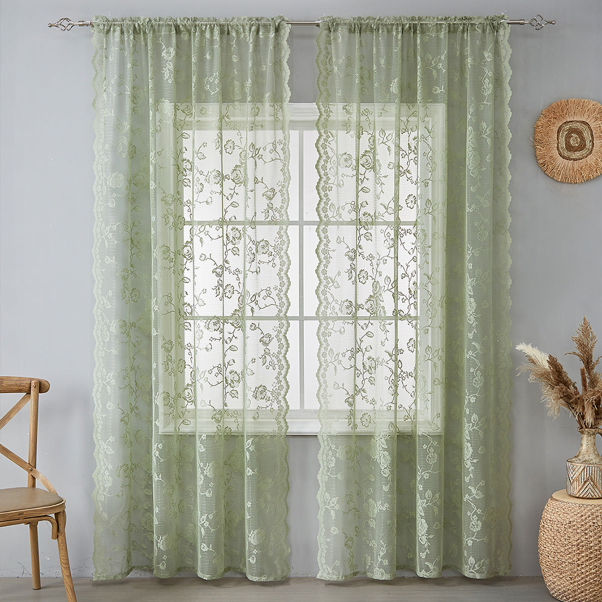 YL-37237 French green kitchen curtains retro American light-transmitting French double-layer lace bedroom partition curtains bay window curtain