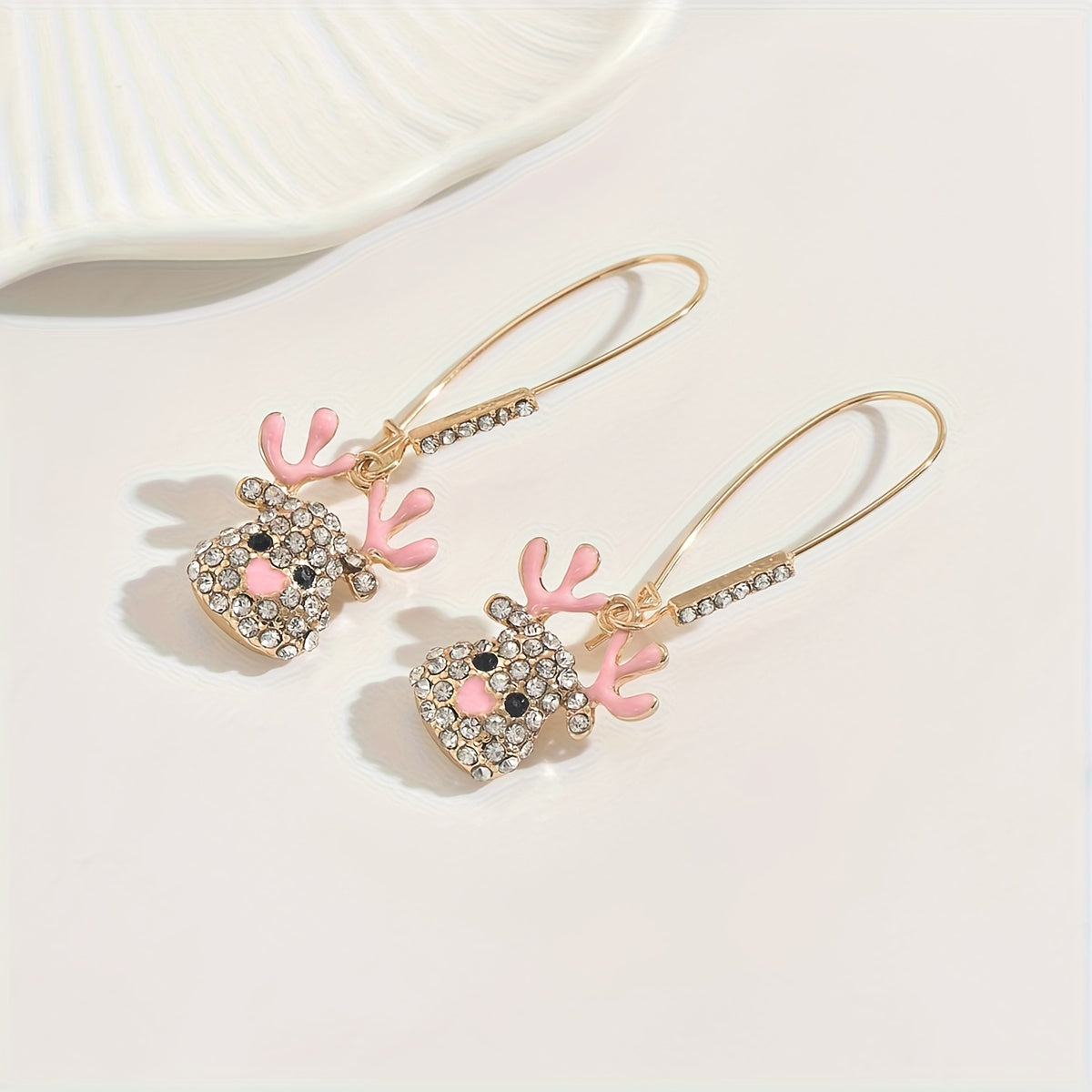 TEMU Pair Of Elegant Long Drop -encrusted Deer Antler Earrings With Pink Bow & Red Bead Eyes - Kc Golden-plated Dangling Hoops For Women, Christmas