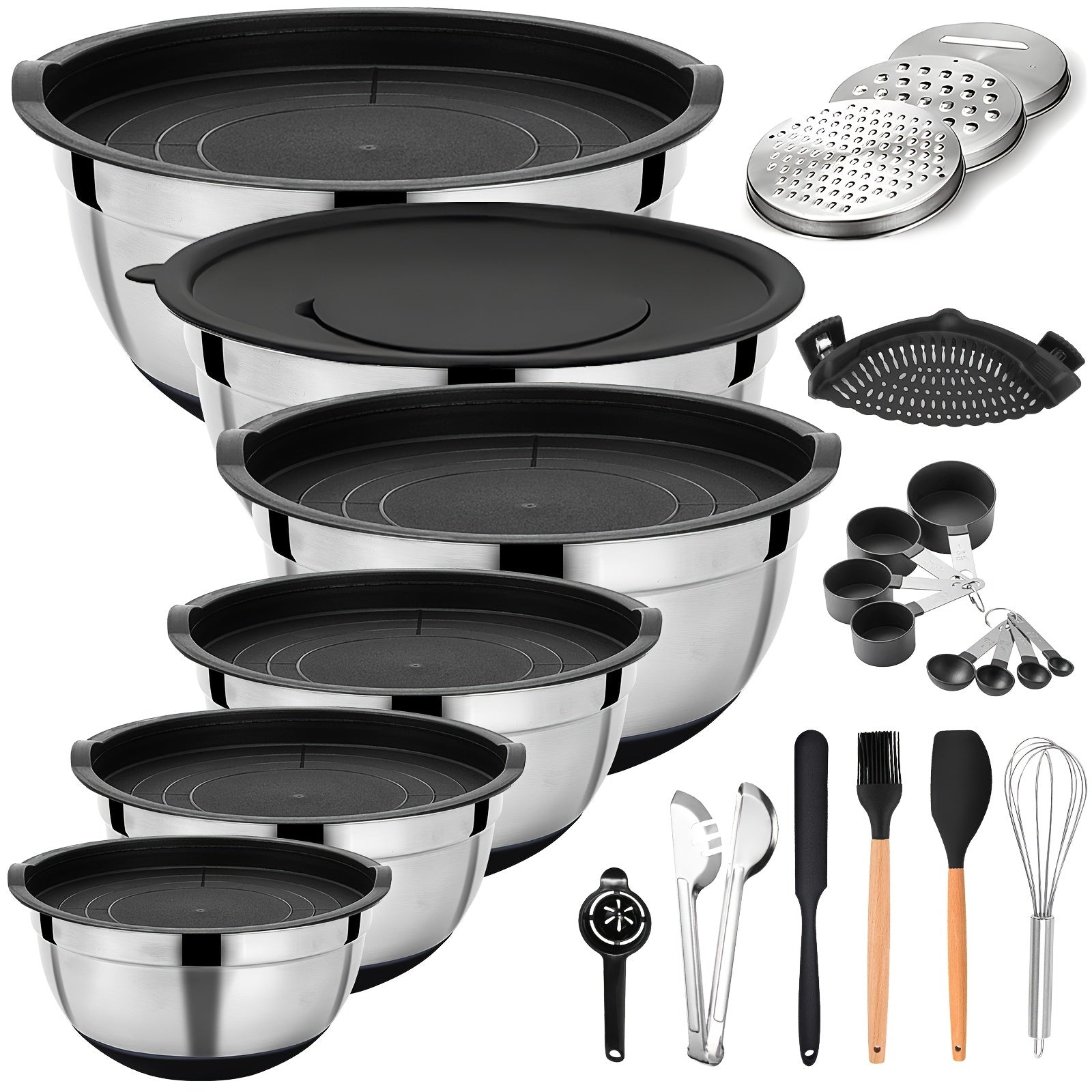 TEMU Mixing Bowls With Airtight Lids, 30pcs Stainless Mixing Bowl Set - Non-slip, Grater Attachment, Sealing Lids, Strainer Adjustable Silicone Clip