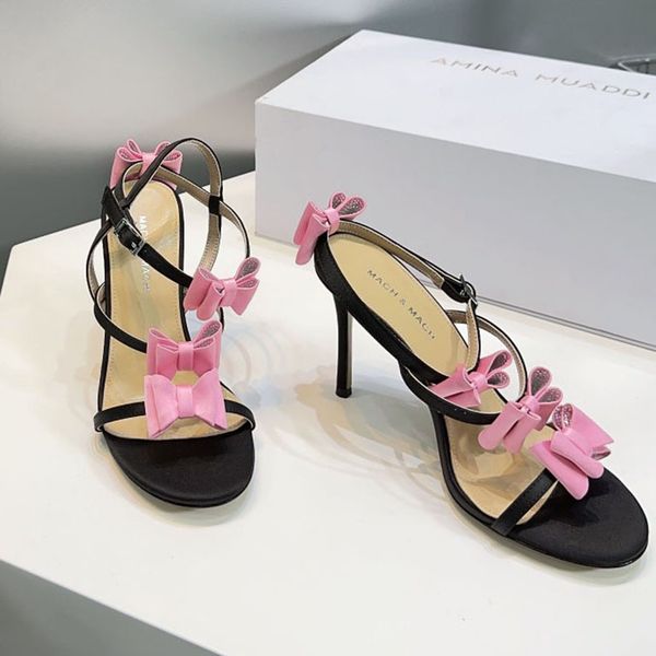 2024 Women&#039;s High Heels Silk Slippers Series 95mm Small Bow Decorative Stiletto Sandals Designer Strap Dress Shoes Sizes 35-42 with Box