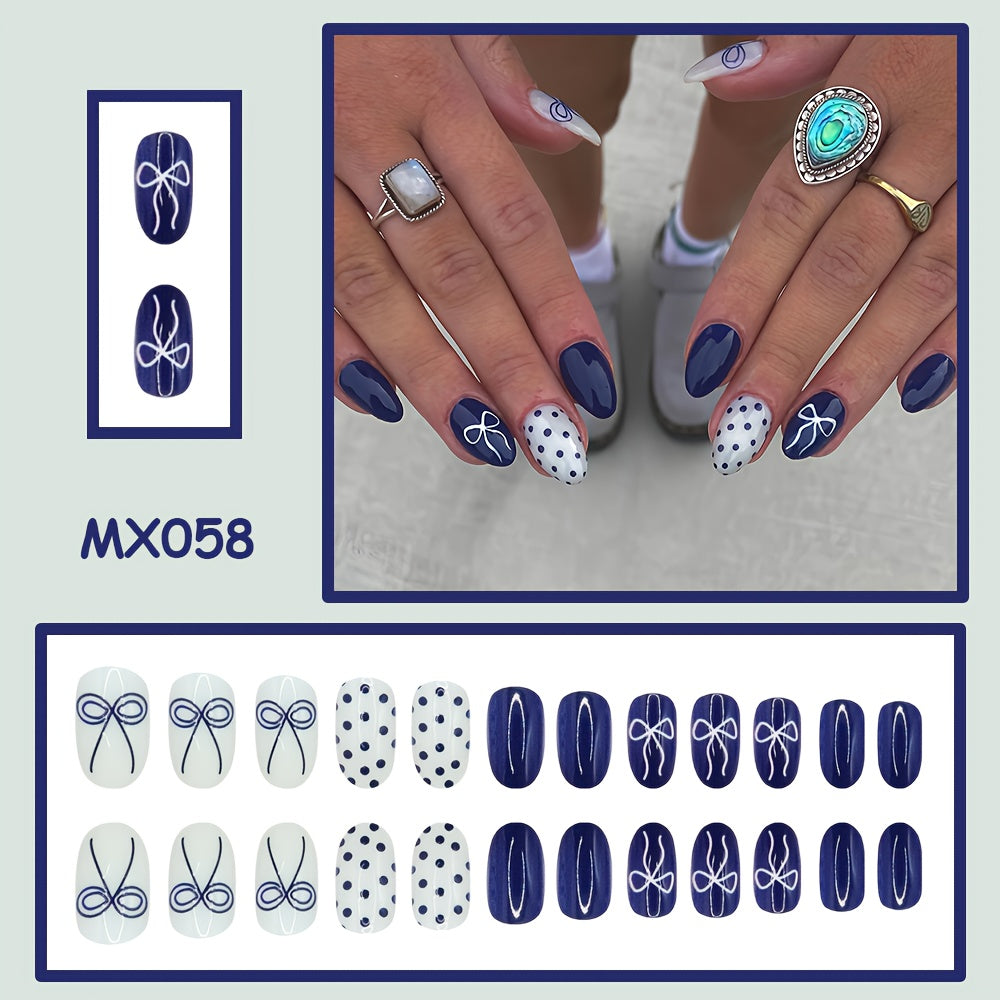 TEMU 24pcs Of Short Oval-shaped Sweet And Cute Exquisite Style Coquette Aesthetic Fake Nails, Dark Blue Polka Dot And Bow , Glossy Press-on Fake