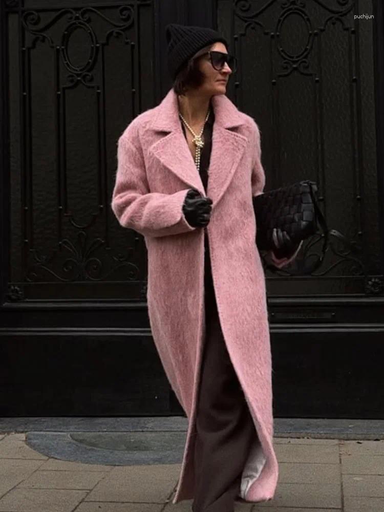 Men&#039;s Wool Women&#039;s Elegant Pink Fuzzy Long Coat Fashion Lapel Full Sleeve Back Split Oversized Lady 2025 Fall Winter Street Outerwear