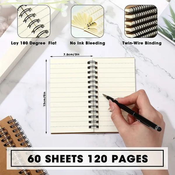 Mini Spiral Lined Notebook, Kraft Paper Cover, 5 &quot;x 3&quot;, 60 sheets -120 pages, Regular notebook wholesale, small pocket notebook fo