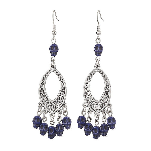 Boucles d'oreilles pendantes en alliage et turquoise synthétique teint avec crâne d'Halloween