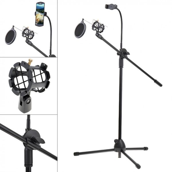 Live Broadcast Gooseneck Cell Phone Holder Bracket Tripod with Microphone Stand and Pop Filter for Selfie Studio Vlog Video