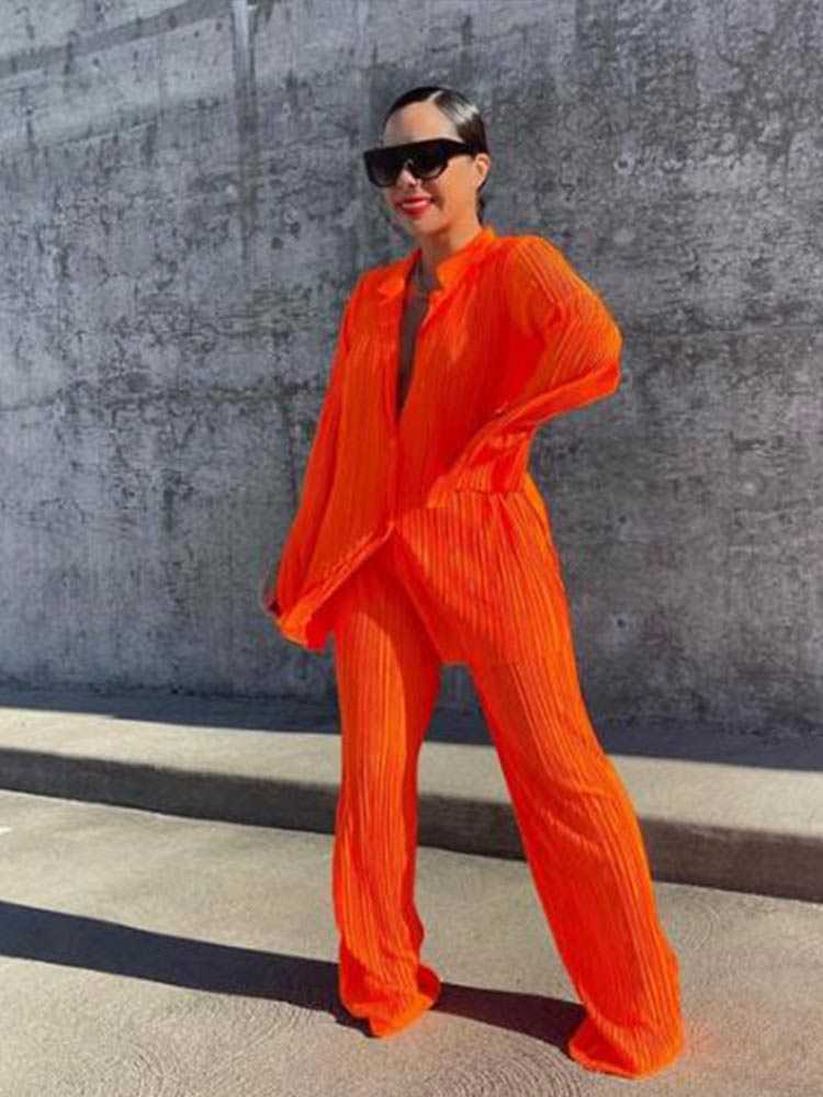 New Women&#039;s Orange Pleated Pants Set Tied Up Long Sleeves Split Cuffed Jacket Street Clothing Autumn Fashion 2-piece Set