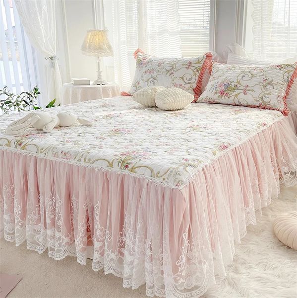 100 Cotton Elegant White Lace Ruffles Quilted Floral Pattern Bed Skirt Mattress Cover Bedspread Pillowcase Princess Bedding Set 241216