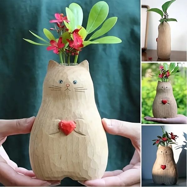 Charming Cat-Shaped Resin Vase with Red Heart - Perfect for Valentine&#039;s Day & Wedding Decor, Ideal for Indoor Plants & Flowers