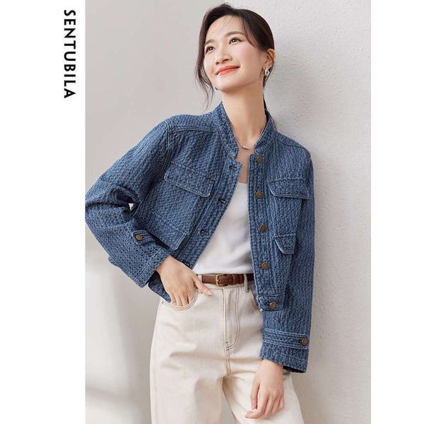 SENTUBILA Denim Jacket Women 2024 Autumn New Fashion Stand Collar Crop Jacquard Jean Jackets Long Sleeve Outerwear Top W33w50575
