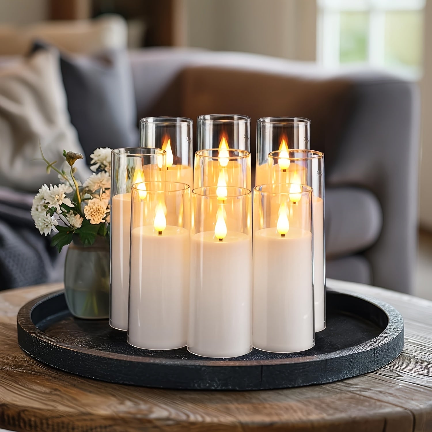 TEMU Flameless Candles 9 Set, Battery Operated Candles With Remote And Timer, Acrylic Flickering Led Pillar Candles For Wedding Home Decor,