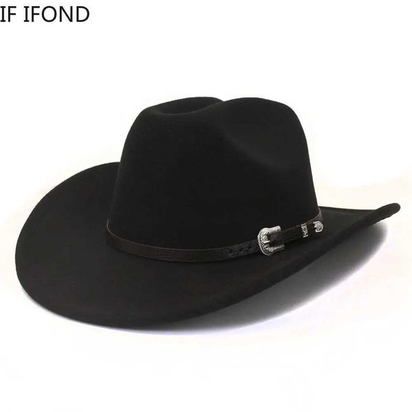 New retro mens western cowboy hat with belt rolled up in winter and autumn Brim Cowboy Girl Jazz Church C Sombrero Hombre W241225