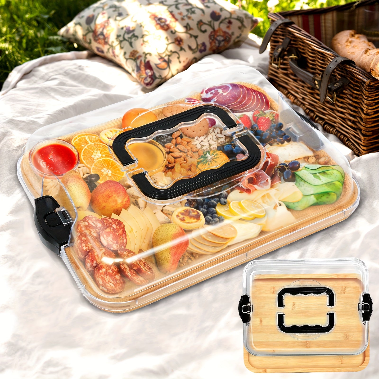 TEMU [100% Bamboo]cheese Board Snack Tray Picnic Accessories Suitable For Outdoor Travel, Camping, Picnics, Backpacking, Seaside Vacation, Repellent