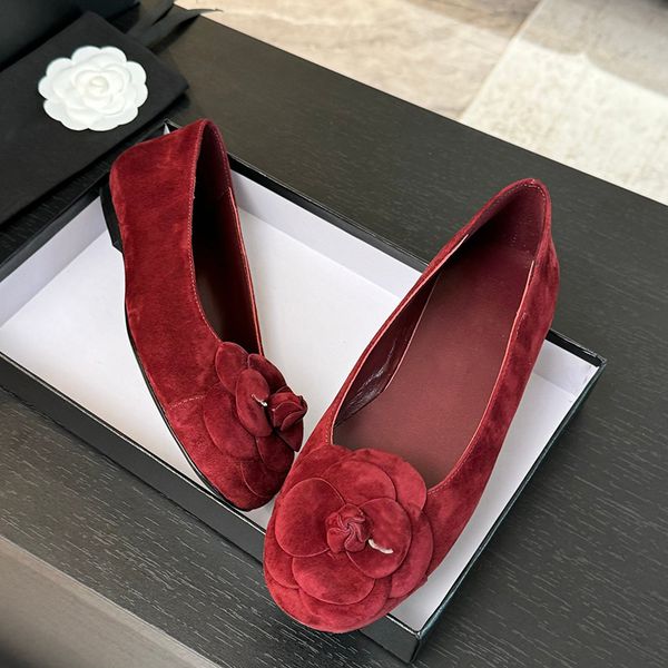 Womens Vintage 24b Suded Slingbacks shoe Big Camellia Dress Shoes Designer Ballet Flats Classic Brown Sandals Flat Heel Patchwork Round Toes