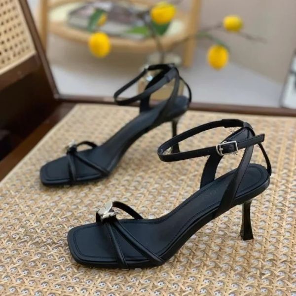 2024 Summer Band Women Heel Ankle Strap Fashion Square Toe Ladies Dress Sandals Women&#039;s Wedding Shoes Bride 0b6d