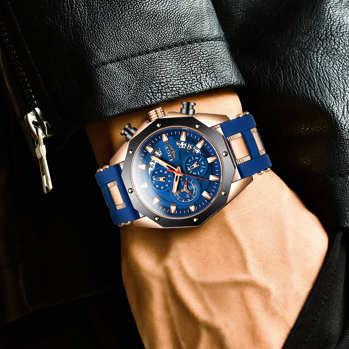LIGE Mens Watches Brand Luxury Silicone Strap Waterproof Sport Quartz Watch Men Chronograph Military Clock Multi-function chronograph Quarzuhr