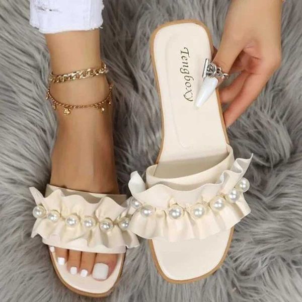 Women Slides Faux Pearl Decor Ruffle Trim Sandals Open Toe Wear-resistant Flat Slippers Summer Sandy Beach Sandals Women Shoes Y250122