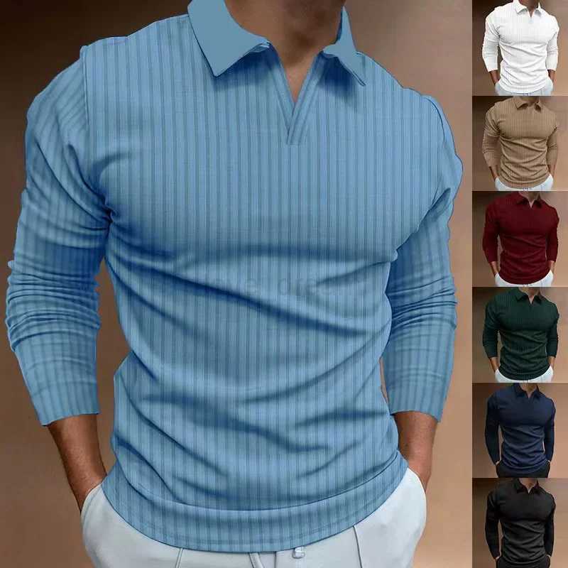 Mens Polo Shirt Cross-border European American Trade Autumn Fitness Business Stand Collar Sleeve Stripe V-neck Polo ShirtXJ240920