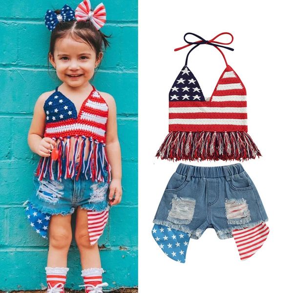 2023 03 29 Lioraitiin 0 6Years Toddler Baby Girl 2Pcs Independence Day Summer Clothing Set Knitting Vest Top Denim Shorts 231227