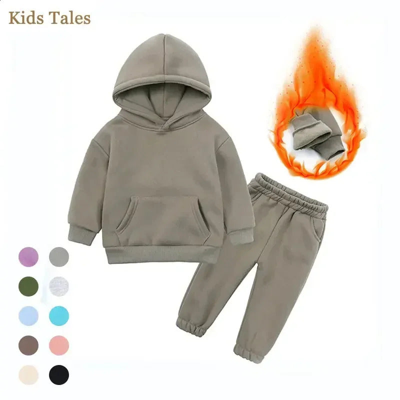 Children Fleece Winter Outfit Toddler Cotton Solid Hoodies Pullover Sweatshirt Pants Tracksuit Set Kids Boy Girl Warm Sweatsuits 240910