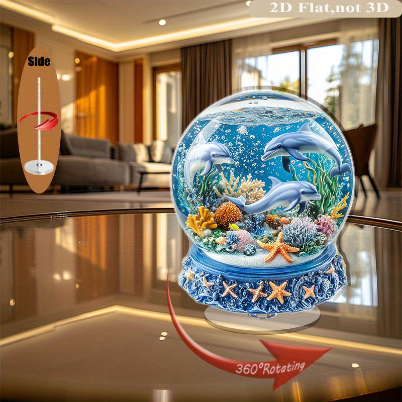 TEMU 2d Flat, 1pc Rotating Acrylic Tabletop Ornament - 360° Spinning & Coral Snow In Blue Glass With Ocean Floor Base, No Electricity Needed, Marine