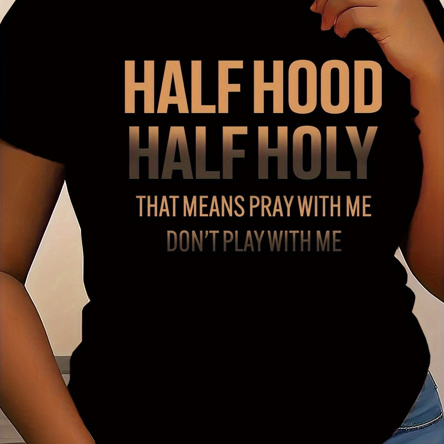 TEMU Half Hood Half Holy Print T-shirt, Casual Short Sleeve Crew Neck Top For Summer & Spring, Women's Clothing