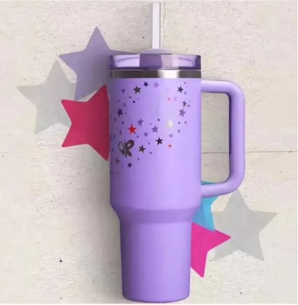 DHL 40 OZ Wine Glasses Purple Stars Cups 40oz Stainless Steel Tumblers with handle Lid And Straw Blue Magnolia Pink Rose Lilac Floral Car Mu