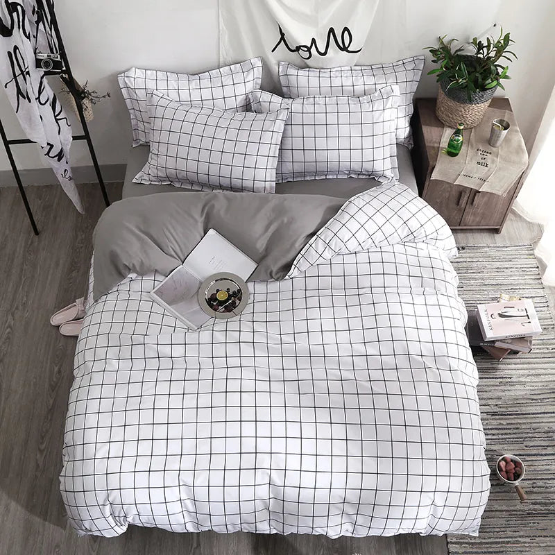Bedding Set Fashion duvet cover bed sheet Pillowcase Square stripes Home textile black White Gray combination bedclothes