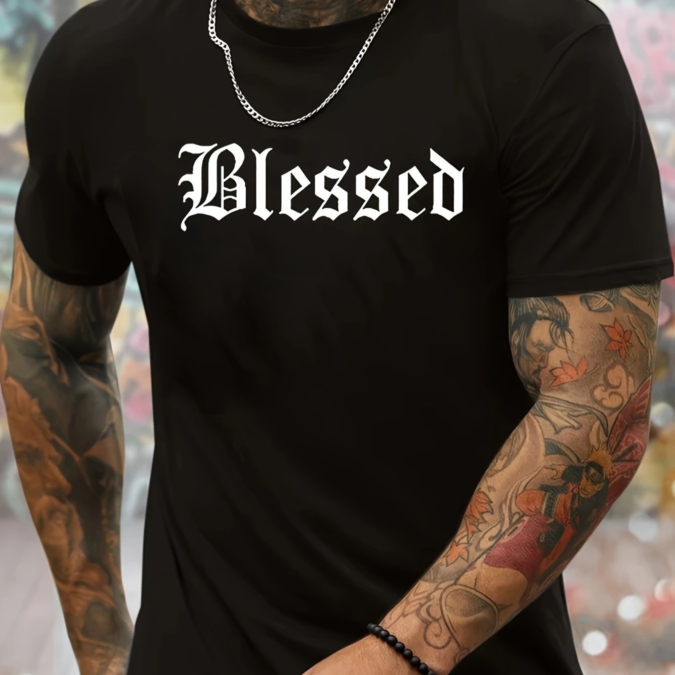 TEMU Blessed Print Men's Creative Top, Casual Short Sleeve Crew Neck T-shirt, Men's Clothing For Summer Outdoor