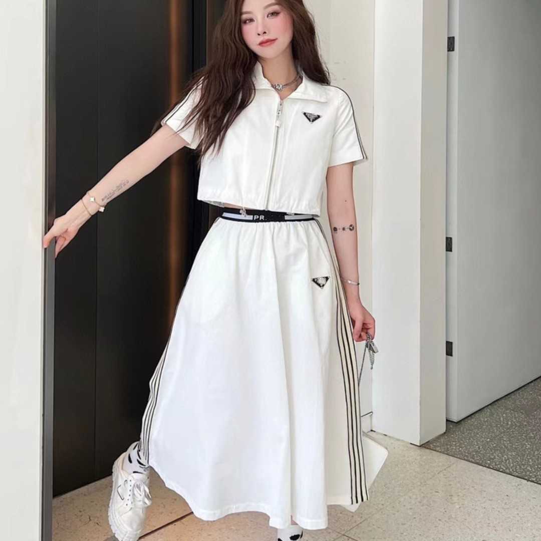 fashion casual suit designer suits skirt summer zipper short-sleeved top elastic skirts two-piece womens ribbon letter triangle set