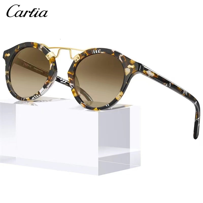 Carfia Small Acetate Polarized Sunglasses for Women, Mirrored Lens Retro Double Bridge Eyewear Metal Brow Round Sunnies