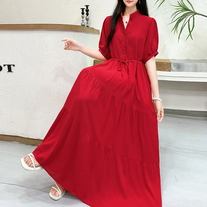 162 Large size cotton silk dress fat loose cover belly slim long style big swing color tie waist temperament long skirt