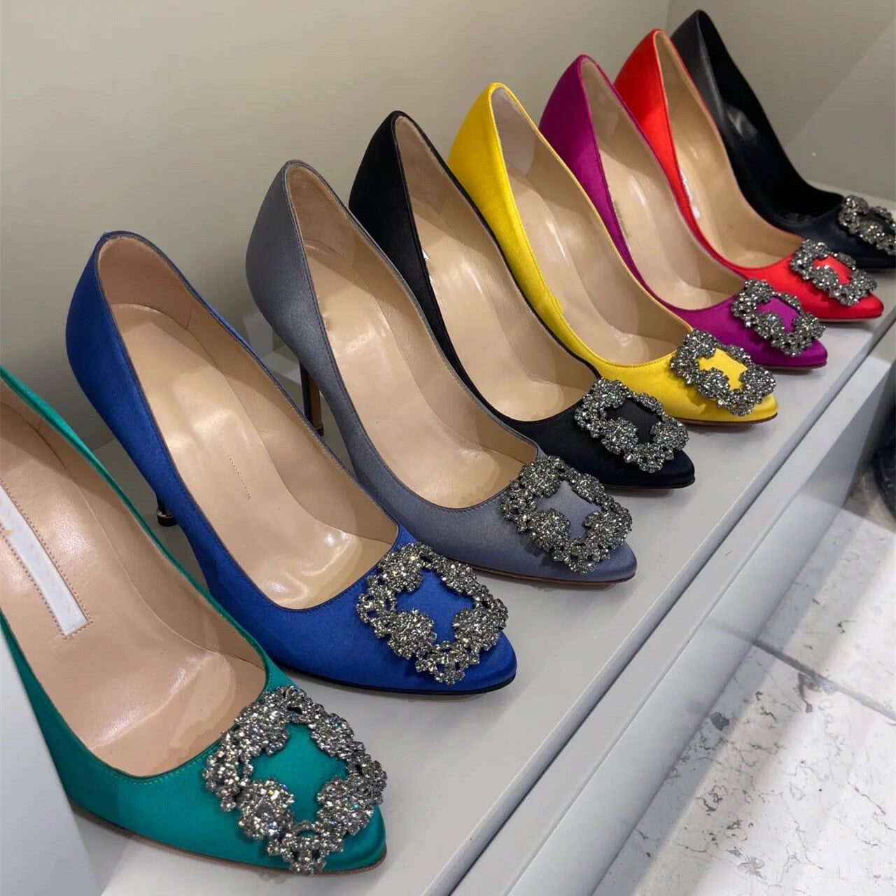 Brand Pumps Pointed Single Shoes High-heeled 6cm 8cm 10cm Square Rhinestone Buckle Genuine Leather Women&#039;s Wedding Shoes Candy Color with Box 3