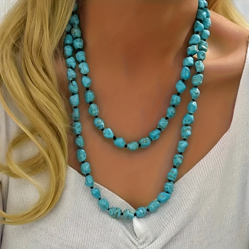 TEMU Boho- Necklace Retro Women Double Layer Bead Necklace Handmade Long Chain Beach Vacations Elegant Women Turquoise Necklace Casual Attire &