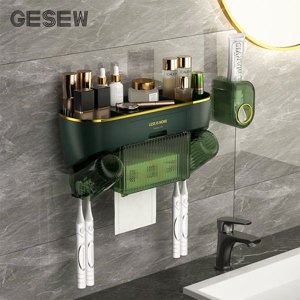 Toothbrush Holders GESEW Multifunctional Toothbrush Holder 2 Cups Automatic Toothpaste Dispenser With Drawer Towel Rack Bathroom Accessories