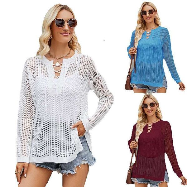 Hollow out knitted women in 2024 new loose round neck with a split bottom sweater design for outerwear wear