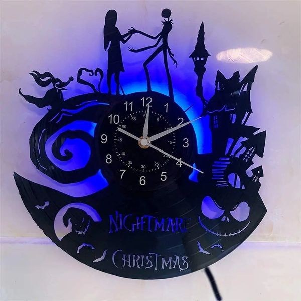 Christmas Nightmare Vinyl Record Wall Clock Creative with 7-Color Luminous Night Clock and 12 Inch Handmade Home Decoration Gift 241216