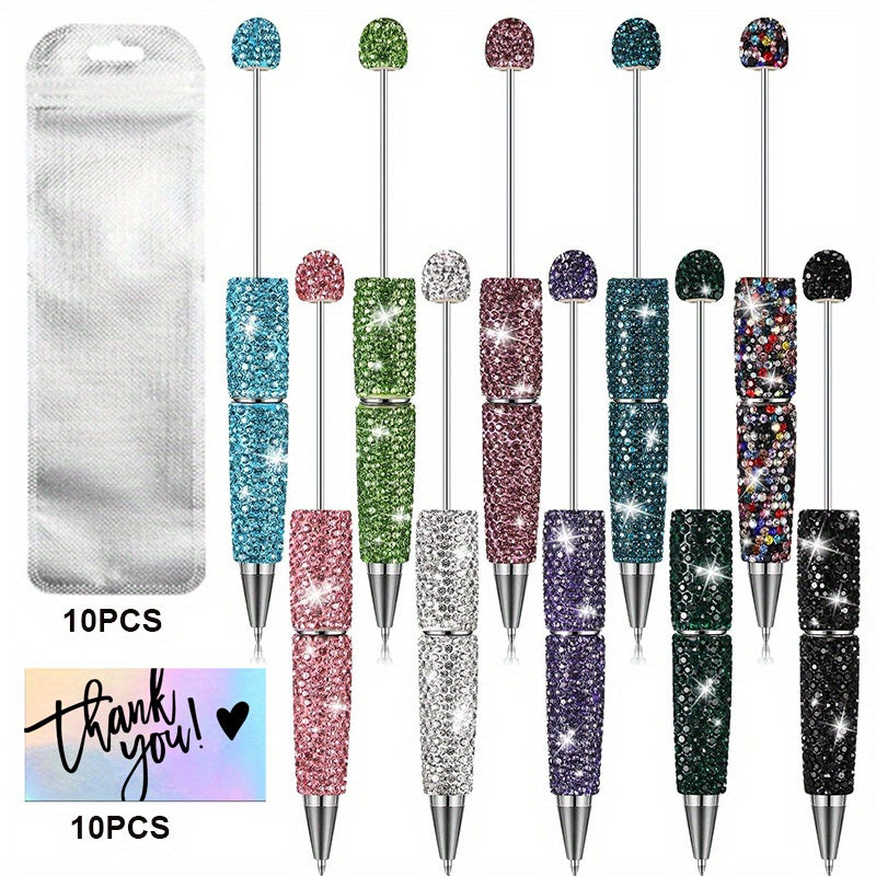 TEMU 30pcs Glitter Beadable Pens Kits-10pcs Full Beaded Pens 10pcs Glitter Thank You Cards 10pcs Glitter Bags Bling Ballpoint Pens For Christmas Diy