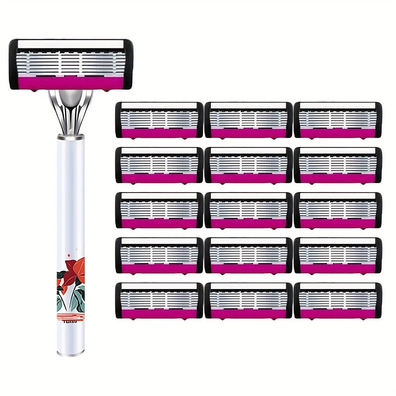 TEMU Women's Manual Razor With 6-layer Blades, Sharp & Smooth Shaving, Non-slip Stainless Steel Handle, , Replacement Blades Included - Essential For