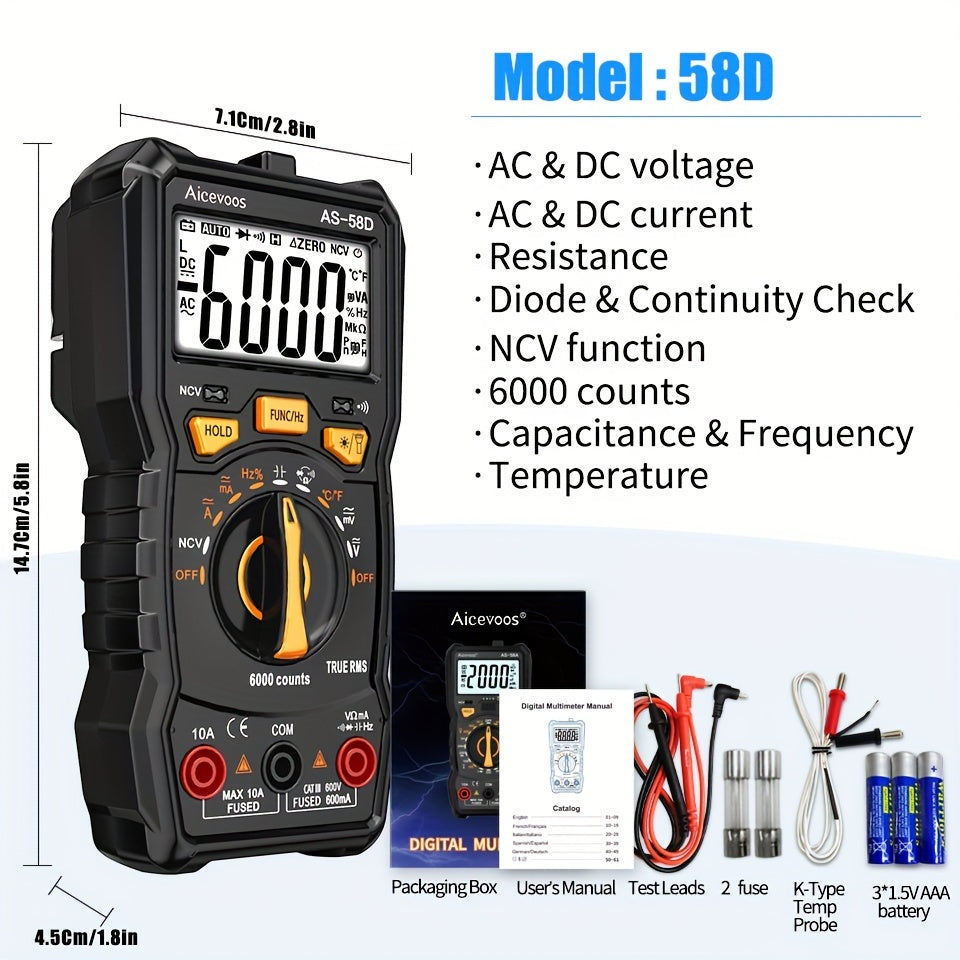 TEMU Aicevoos Digital Professional Multimeter 6000 True Range Voltage Tester Ohm Meter Capacitor Electrical Professional Multimetro Transistor Ncv