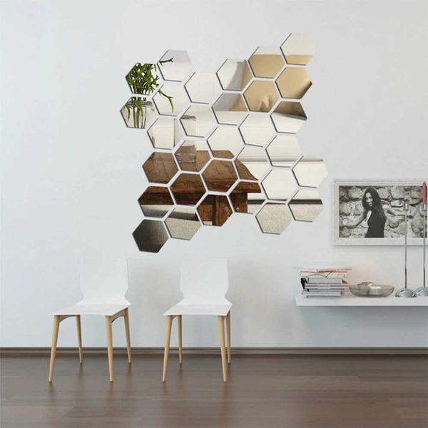 3D Hexagon Mirror Wall Stickers Acrylic Self Adhesive Aesthetic Tiles Living Room Stickers Wall Decor Mini Mirror Solid Paster Y240730