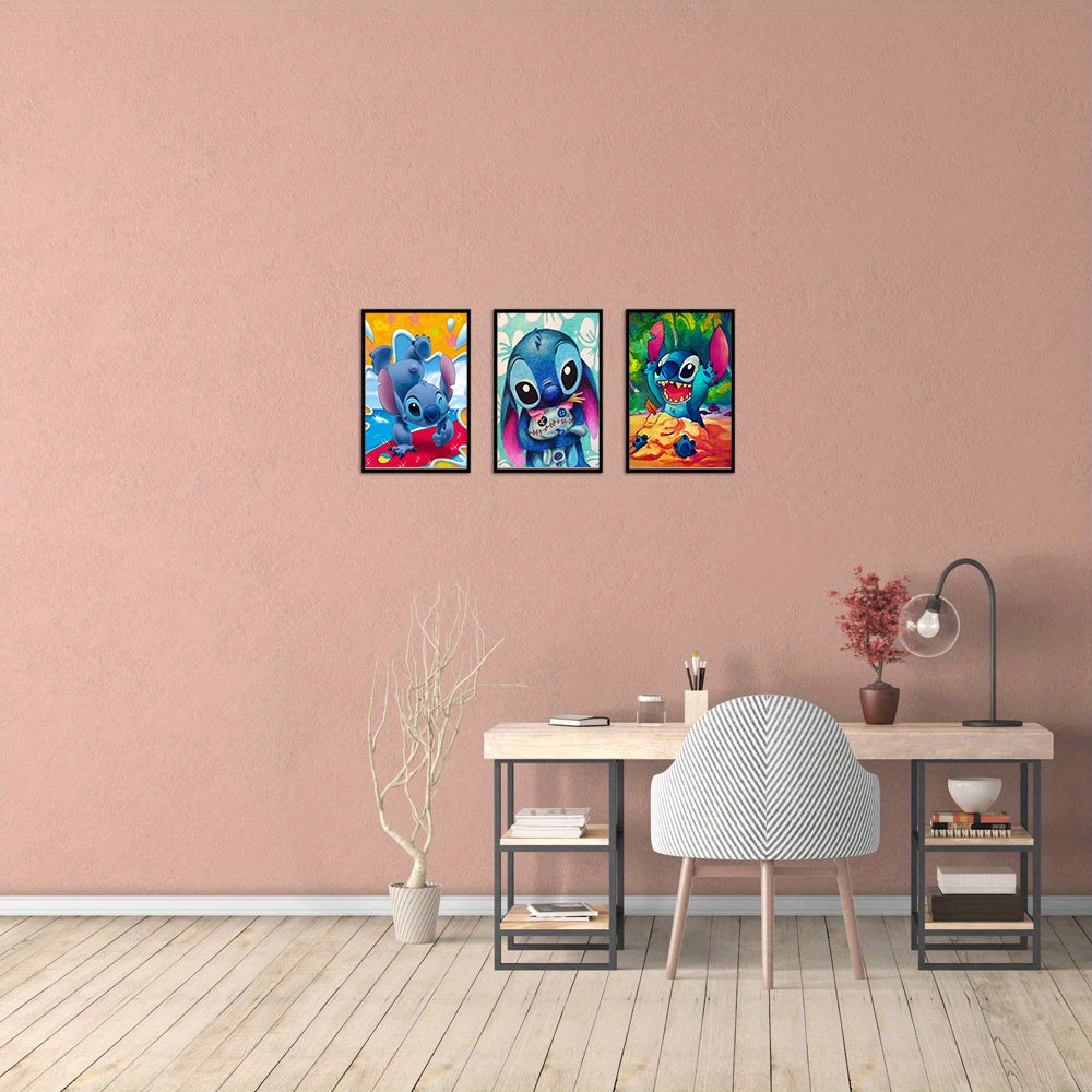 TEMU 3pcs Stitch Canvas Art Prints - & Designs With Floral & Star , Frameless Wall Decor For Living Room, Bedroom, Dining Room, Bedroom Wall Art |