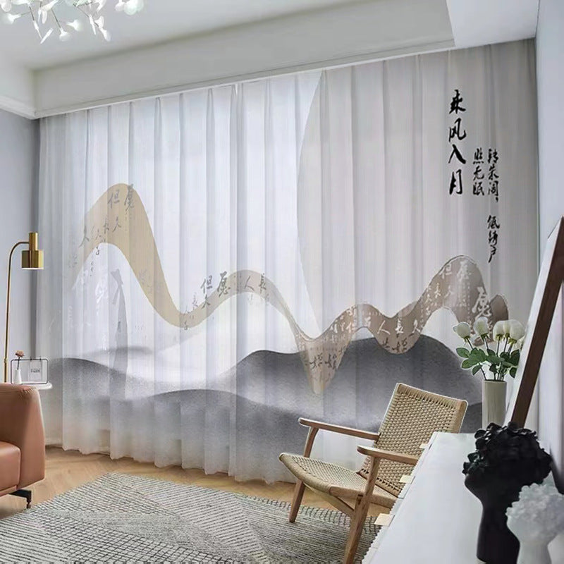 YL-37056 Chinese style ink landscape painting, new Chinese style curtains, new mesh curtains, classical and simple living room window curtain
