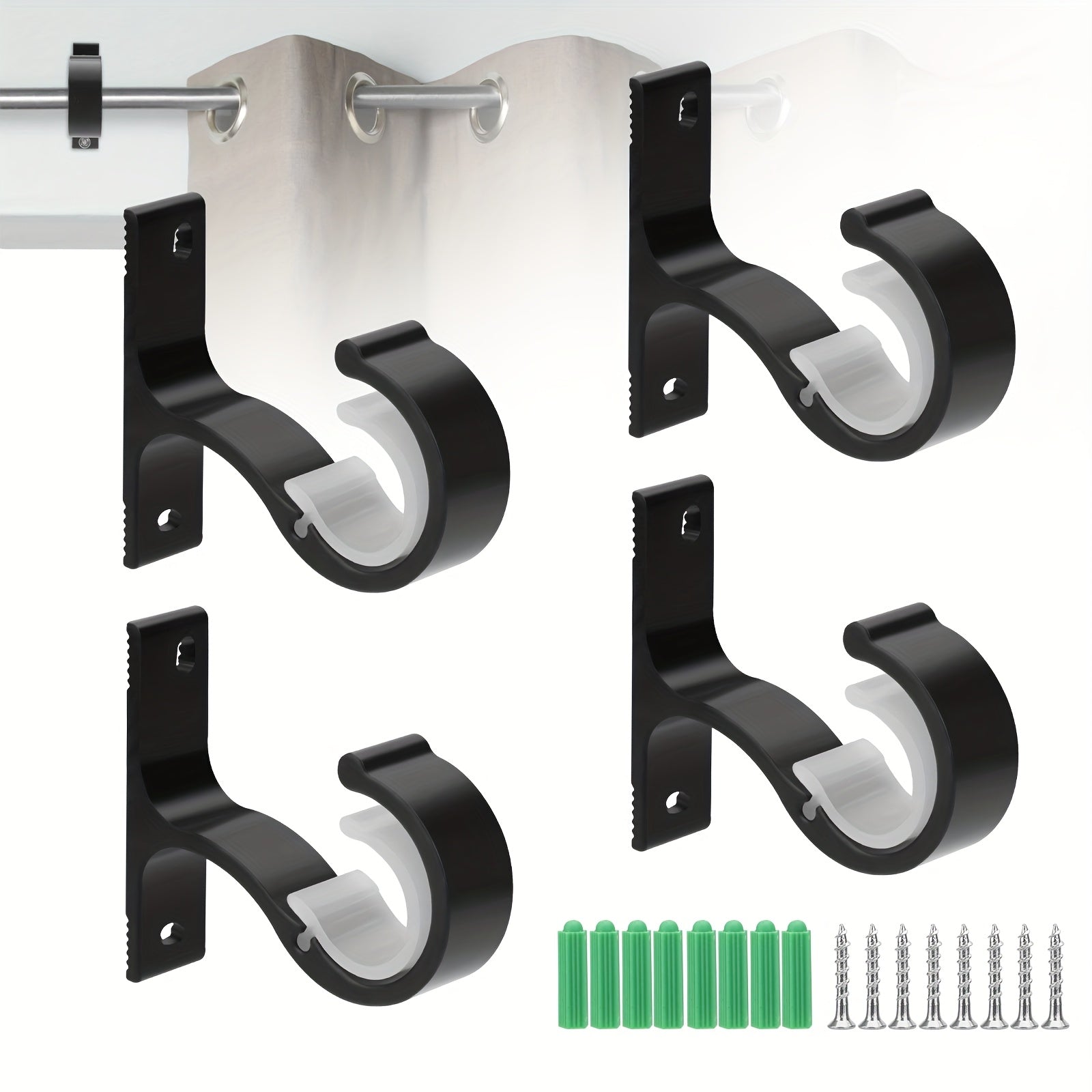 TEMU 4pcs Heavy-duty Curtain Rod Brackets - Sturdy Holder Hooks For Clothes Rods With 8 Screws, Rust-resistant Top-mounted Curtain Bracket