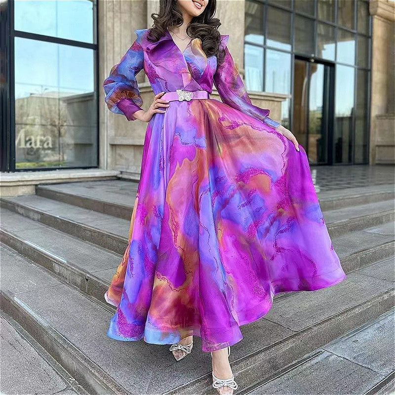 372 Spring and summer new style printed large swing mesh dress commuting European and American large size women&#039;s dress