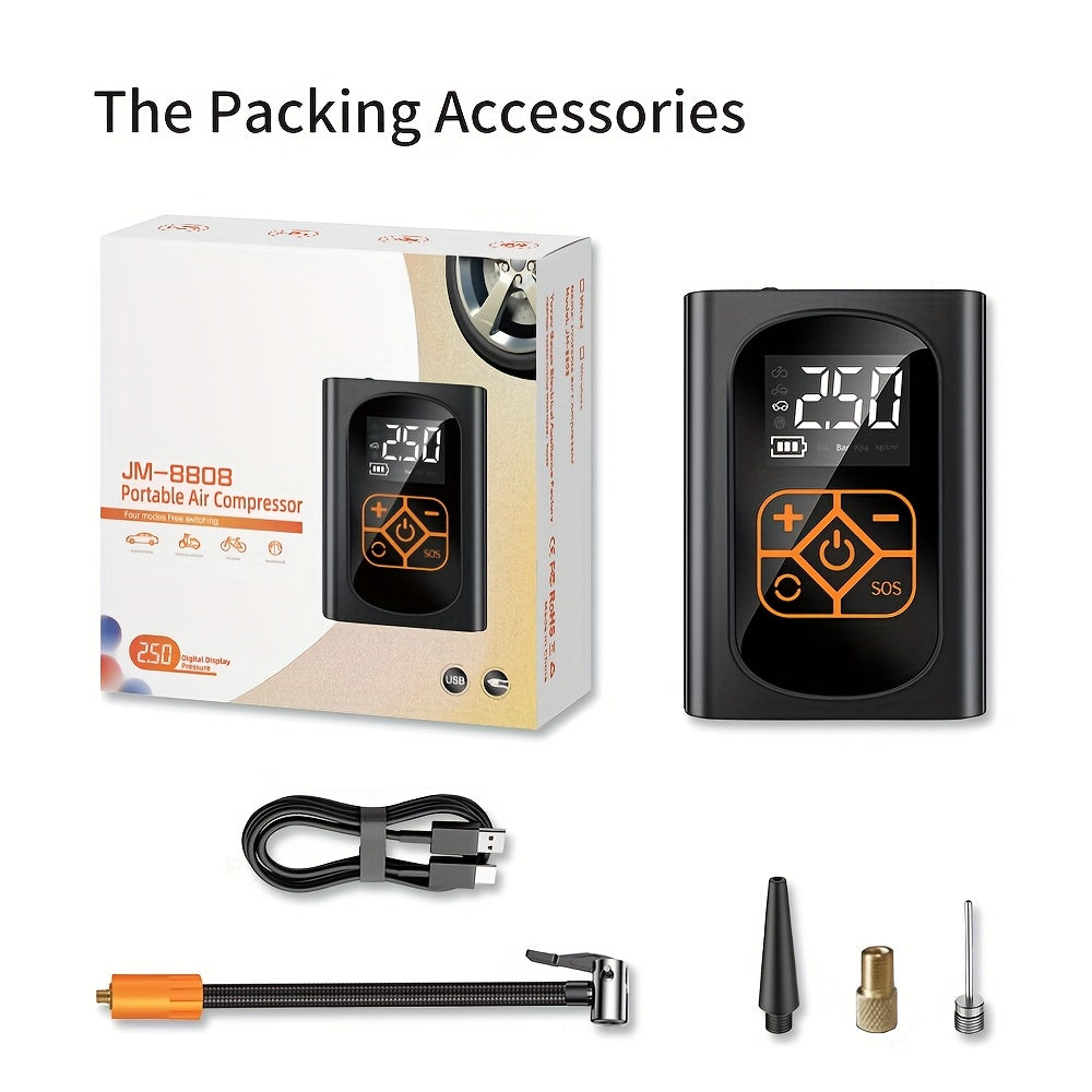 TEMU 1pc Portable Car Tire Inflator With Led Light Digital Display, Lighting, Portable Electric Air Pump, Usb Charging, Safe And Air Compressor For