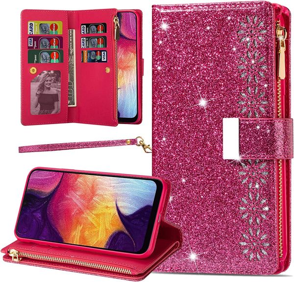 Bling Glitter Sparkly PU Leather Flip Phone Cases for iPhone 15 14 11 12 13 Pro Max With 9 Card Holder Magnetic Protective Cover