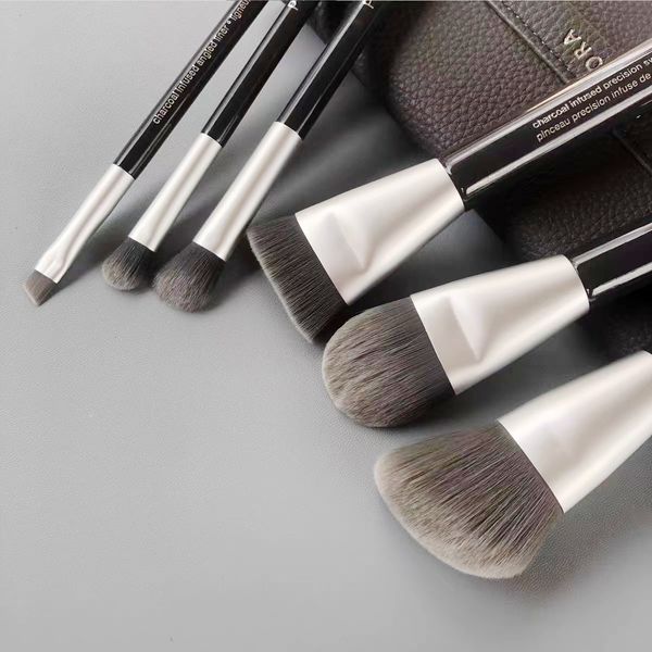 Dee Charcoal Makeup Brushes Set - 6-Pcs Antibacterial Synthetic Hair Cosmetics Brush kit Beauty Blending Tools