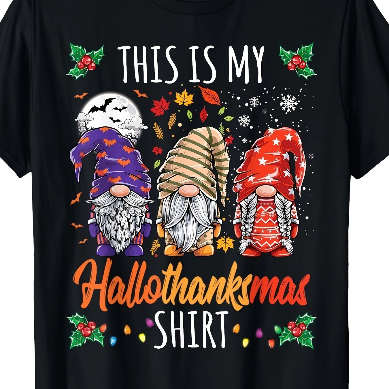 TEMU Men's Halloween & Thanksgiving Graphic T-shirt - Black Short Sleeve Crew Neck With 3 Festive Gnomes, & Snowflakes Design - " Hallowthankmas