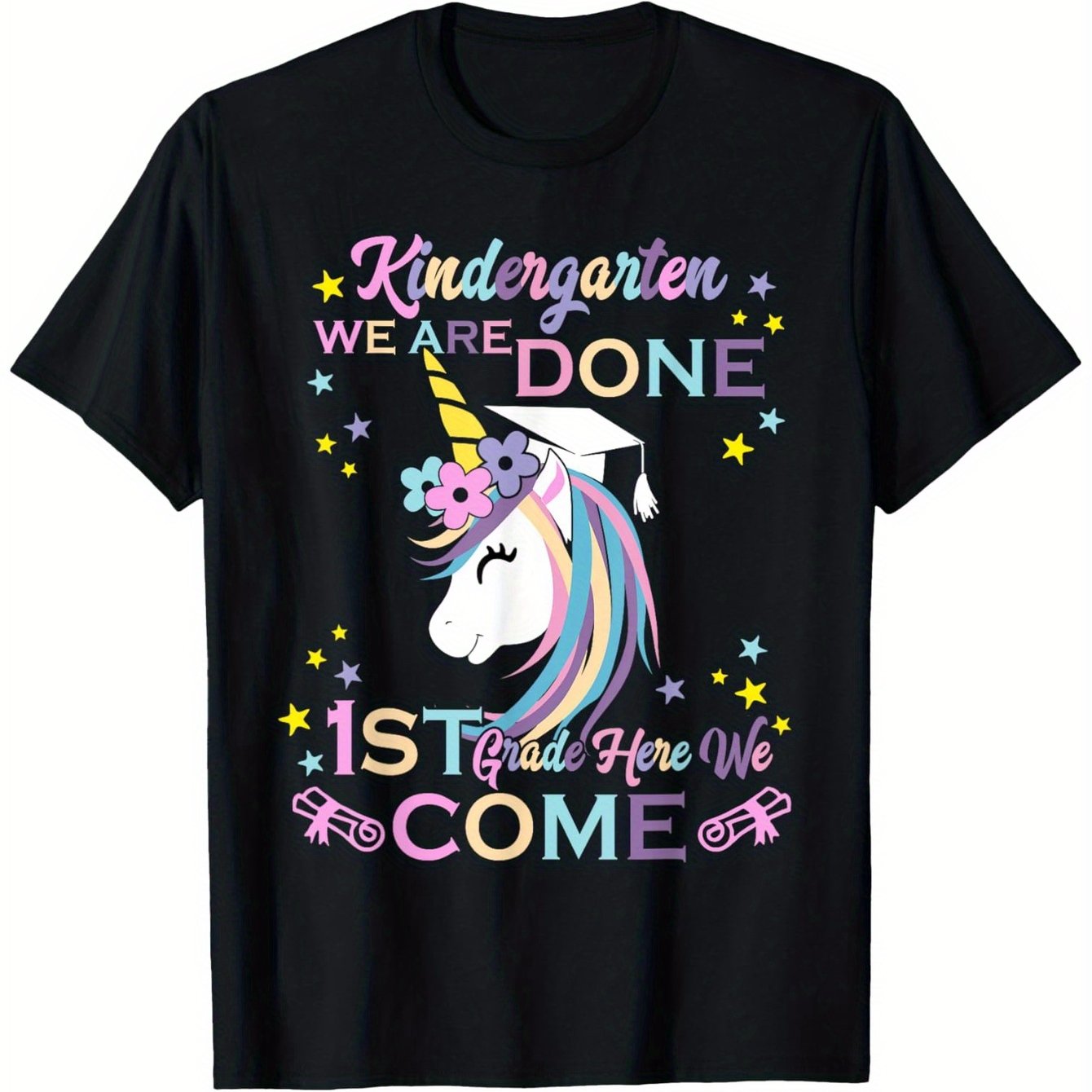 TEMU Kindergarten Graduation Unicorn T-shirt For Boys – "kindergarten " Design, 100% Cotton, Short Sleeve, Round Neck, Black With Colorful Unicorn &